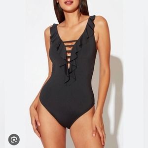 Bleu Rod Beattie Rufflicious One-Piece Black Swimsuit Sz 6 Lace-Up Details